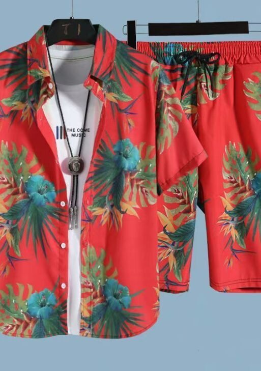 Beach wear men's trendy casual suit men's short-sleeved shirt shorts loose handsome wear floral shirt