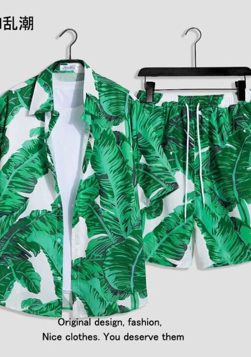 Beach wear men's trendy casual suit men's short-sleeved shirt shorts loose handsome wear floral shirt
