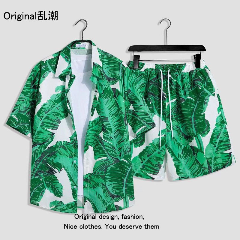 Beach wear men's trendy casual suit men's short-sleeved shirt shorts loose handsome wear floral shirt