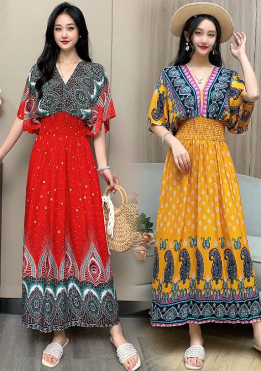 V-neck cotton silk short-sleeved French Thai style  dress for vacation wear