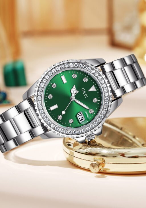 Gedi light luxury retro women's watch with diamonds, calendar, steel strap, waterproof quartz green