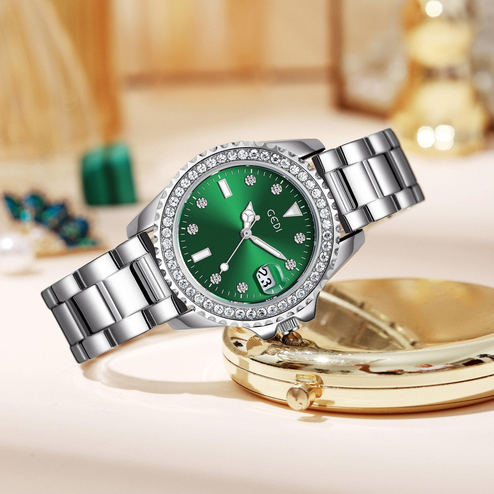 Gedi light luxury retro women's watch with diamonds, calendar, steel strap, waterproof quartz green