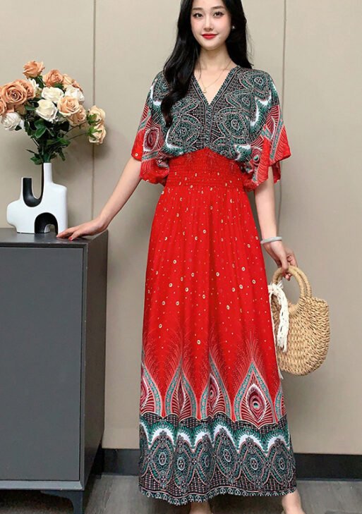 V-neck cotton silk short-sleeved French Thai style  dress for vacation wear
