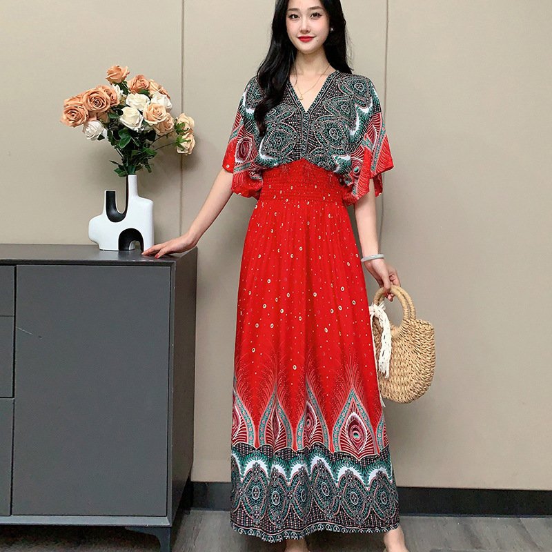 V-neck cotton silk short-sleeved French Thai style dress for vacation wear - Image 1