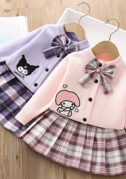 Western style college style bow cute cartoon two-piece skirt Girls sweater suit