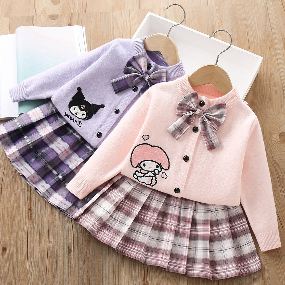 Western style college style bow cute cartoon two-piece skirt Girls sweater suit