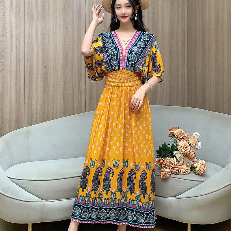 V-neck cotton silk short-sleeved French Thai style dress for vacation wear - Image 2