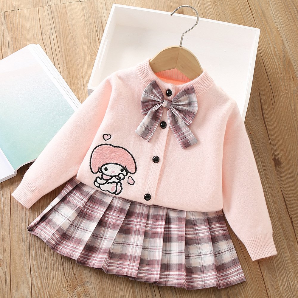 Western style college style bow cute cartoon two-piece skirt Girls sweater suit - Image 2