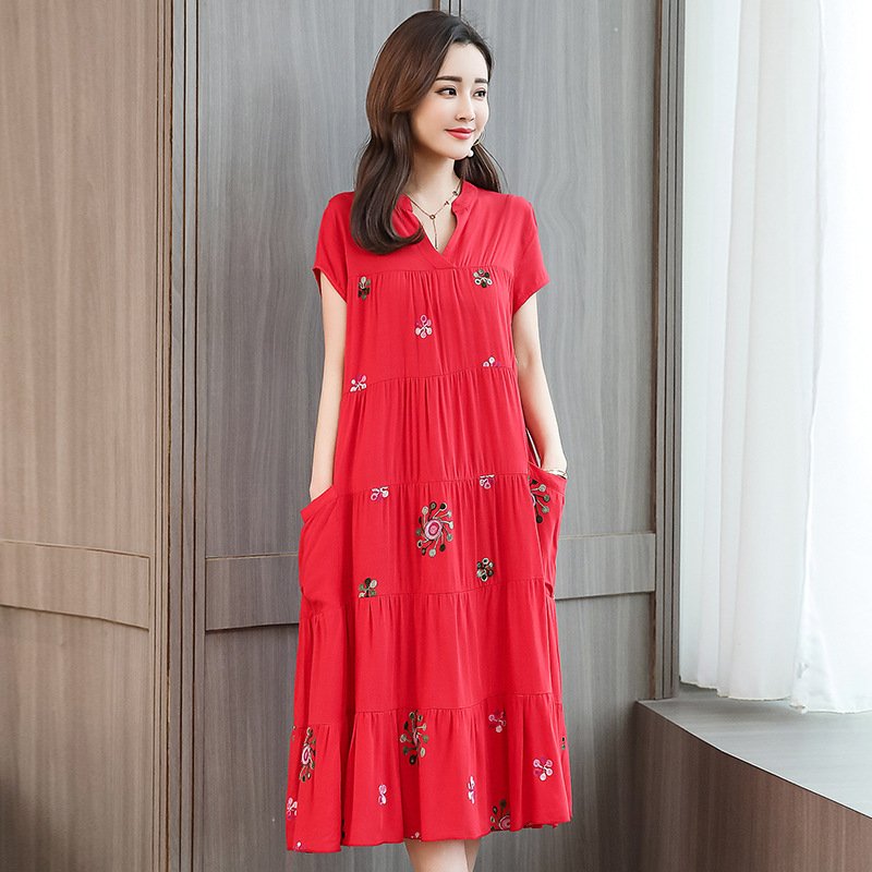 Mother dress skirt Made in china short-sleeved loose dress spliced embroidery - Image 4