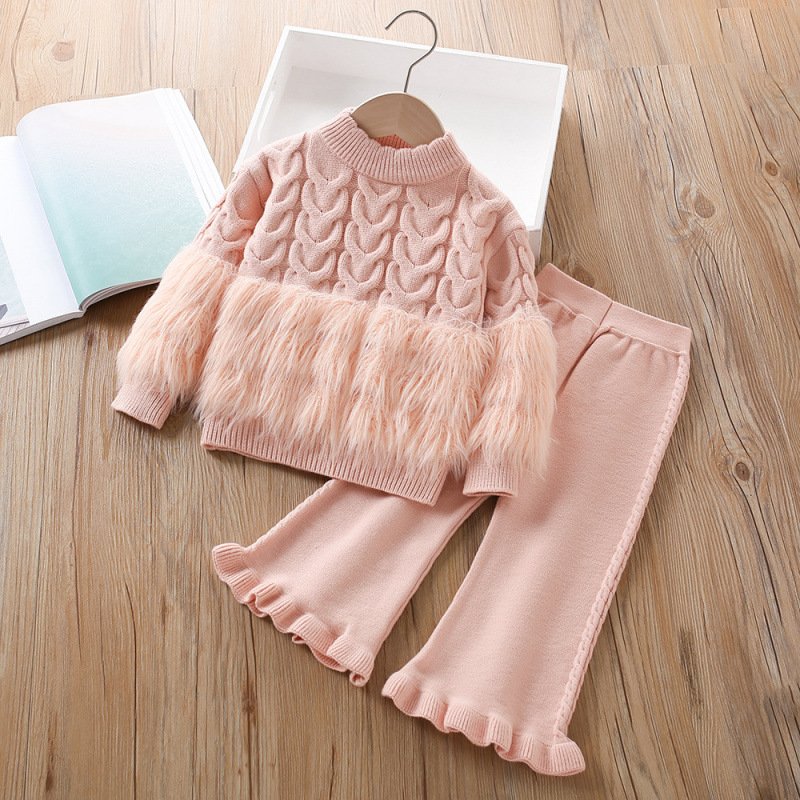 Korean style solid color Girls sweater suit 2025 long-sleeved pants two-piece suit - Image 3