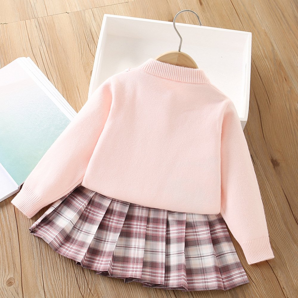 Western style college style bow cute cartoon two-piece skirt Girls sweater suit - Image 3