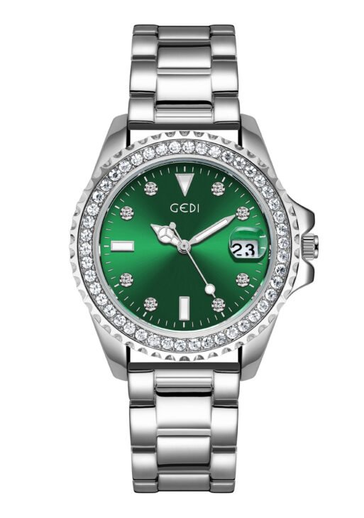 Gedi light luxury retro women's watch with diamonds, calendar, steel strap, waterproof quartz green