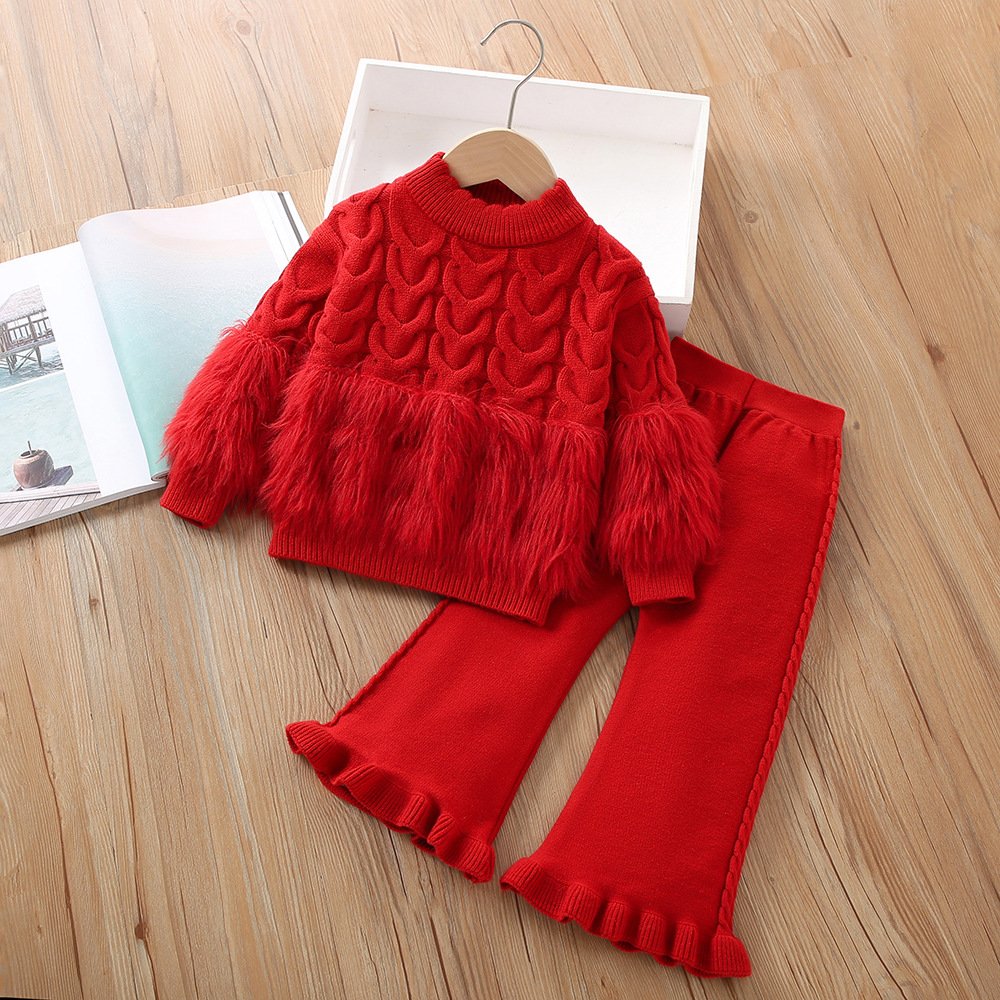 Korean style solid color Girls sweater suit 2025 long-sleeved pants two-piece suit - Image 2
