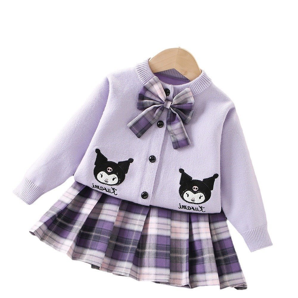 Western style college style bow cute cartoon two-piece skirt Girls sweater suit - Image 4
