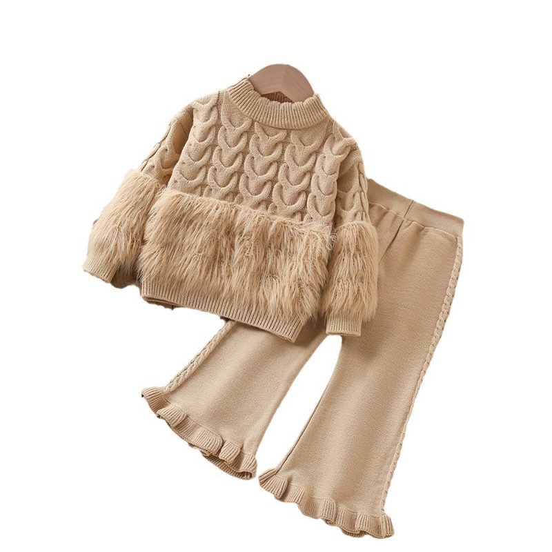 Korean style solid color Girls sweater suit 2025 long-sleeved pants two-piece suit - Image 1