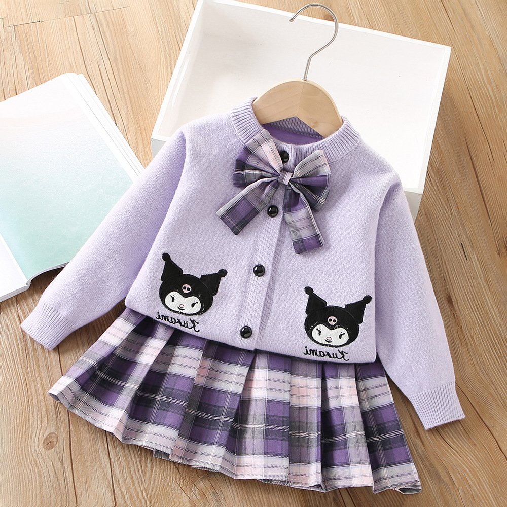 Western style college style bow cute cartoon two-piece skirt Girls sweater suit - Image 5