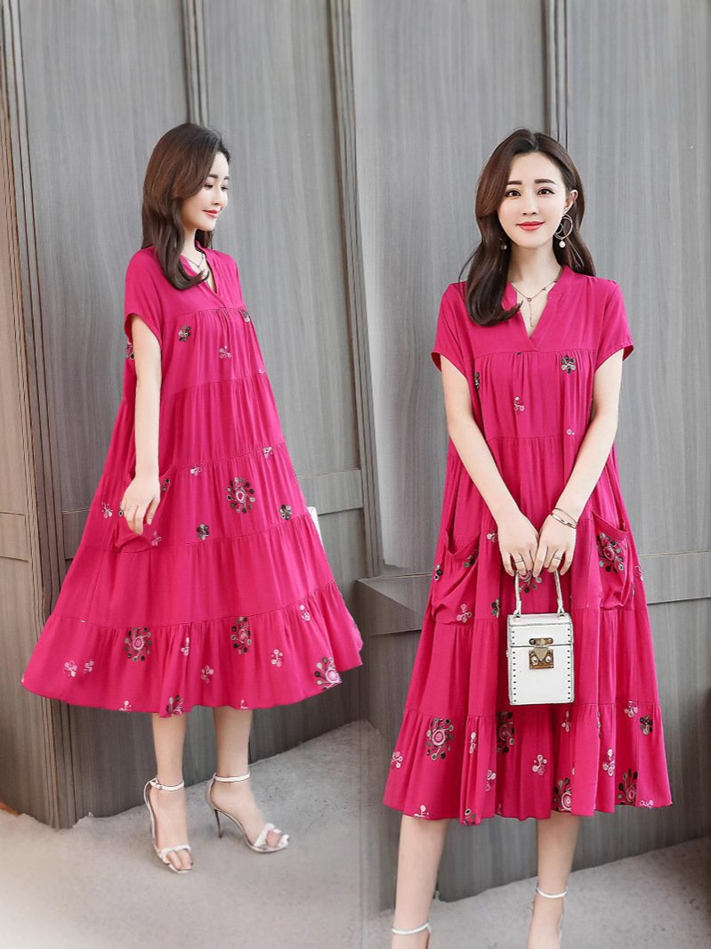Mother dress skirt Made in china short-sleeved loose dress spliced embroidery - Image 2